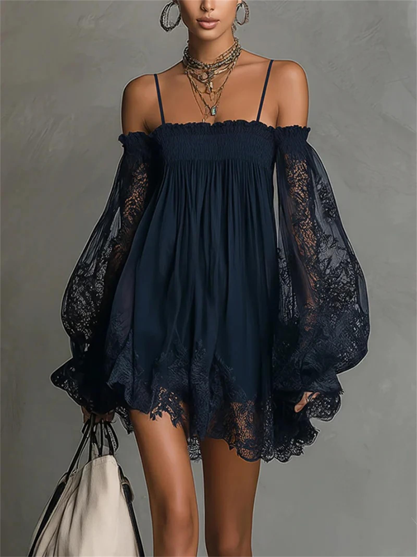 Mini abito da donna con bretelle, elegante, sexy, in pizzo, con maniche a sbuffo, casual, per feste, spiaggia, vacanze, abito corto fluido