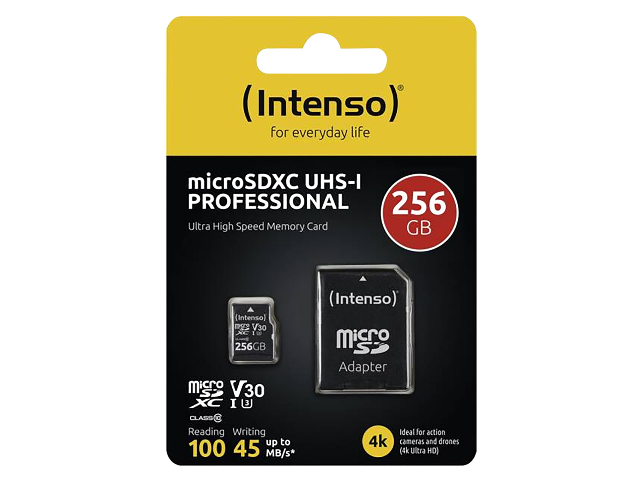 Intenso Carte mémoire microSDHC Professionnelle 256 Go Classe 10 UHS-I, U3, V30 avec Adaptateur SD, pour Enregistrement 4K, GoPro, Insta 360, DJI, Osmo, Steam Deck, Drone, caméra d'action, Noire