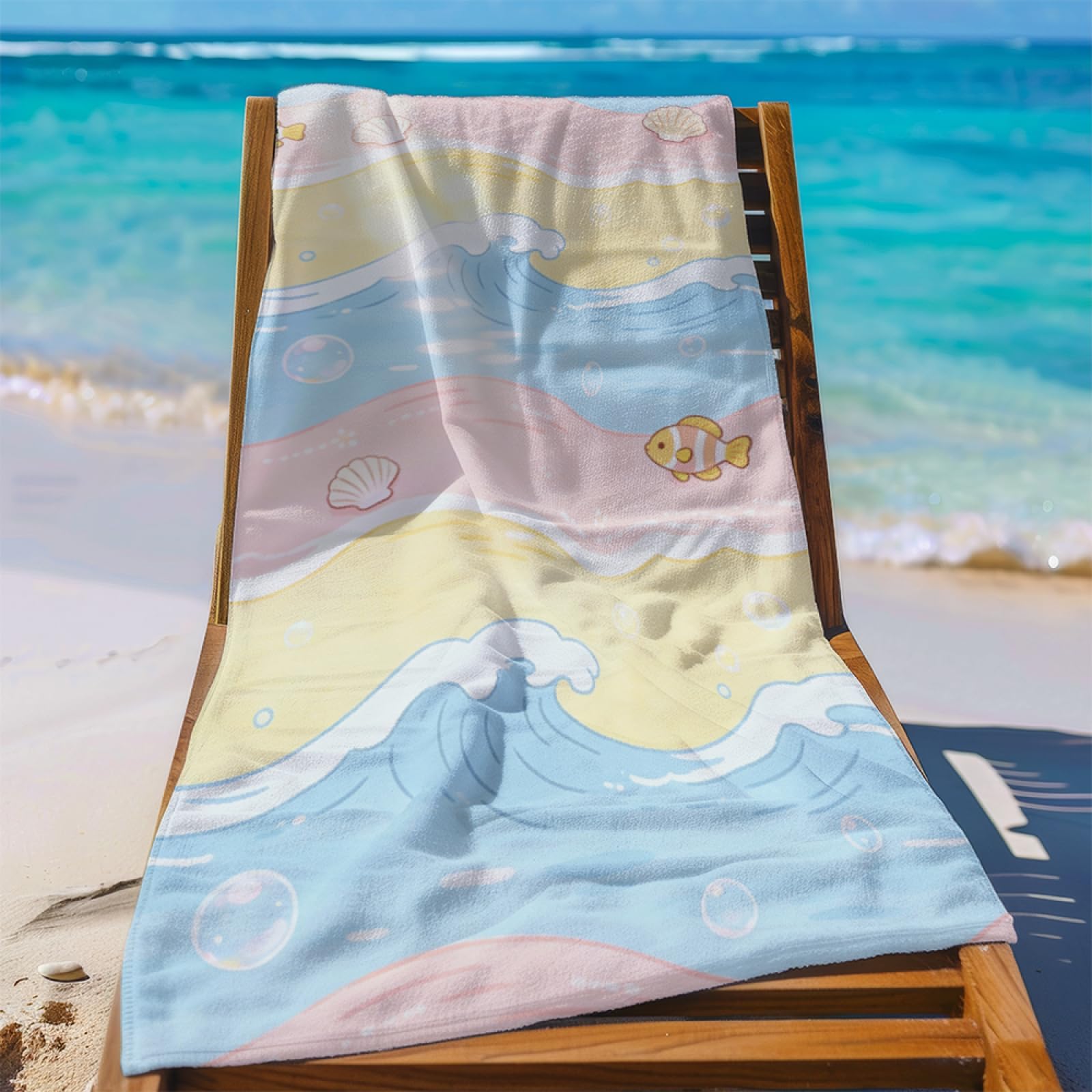 Fouta PlageVagues Jaunes Bleues Roses Modèle Surdimensionné avec Diverses Tailles, Respirante et Portable, Parfaite pour Voyages Sorties Piscine et Usage Extérieur Quotidien 90x160 cm