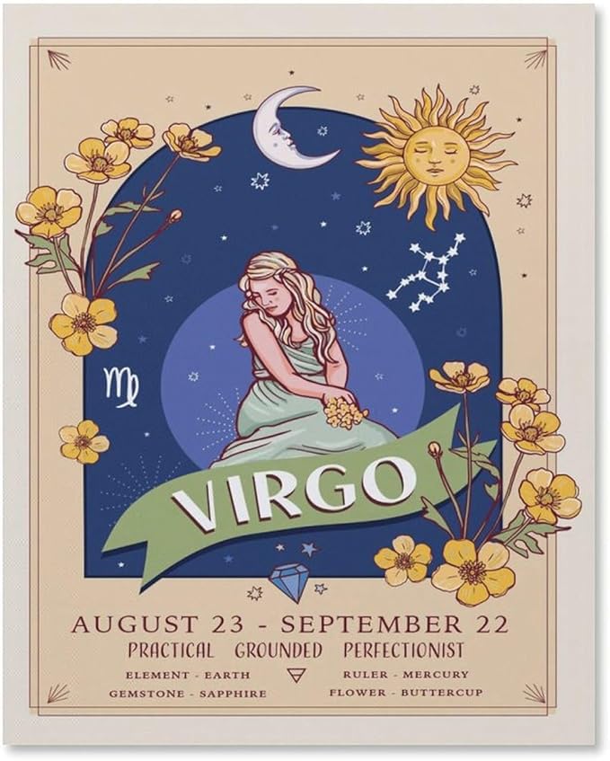 Aikeory Virgo Wall Art Print Poster, Zodiac Sign and Flowers Illustration Print,Dining Room Decor, Bedroom Art, Wall Decor Living Room, Art Deco, Frameless 8x10inch