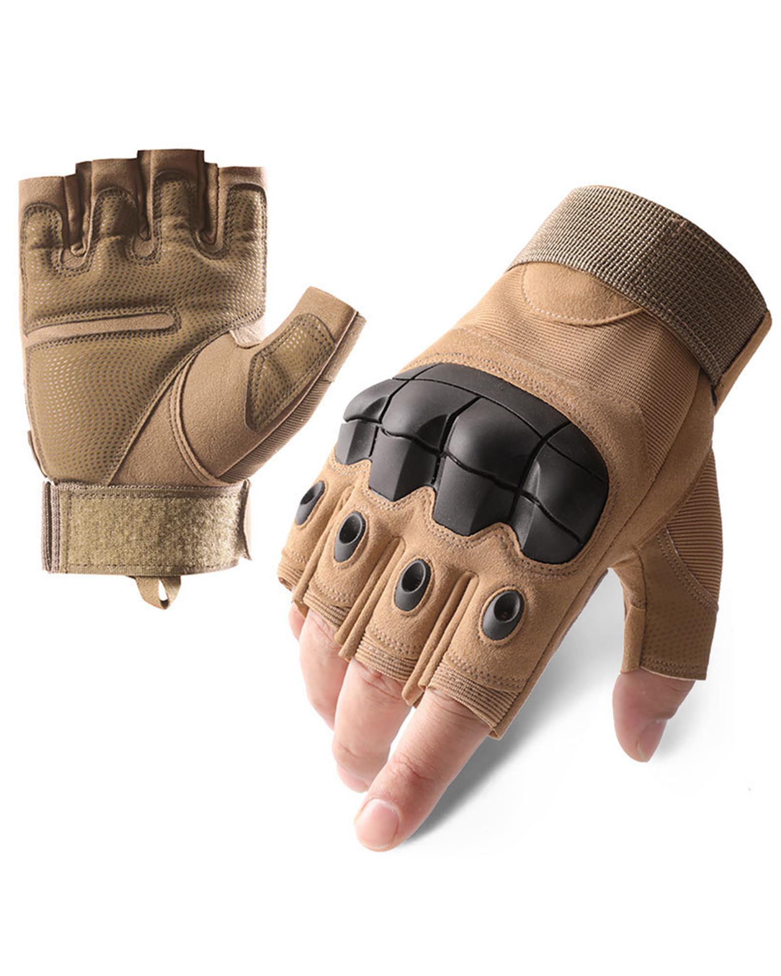 Nothing burger Fingerless Tactical Gloves Soft Rubber Knuckle Protective Breathable Lightweight Half Finger Bicycle Glove, Exercise Workout Gloves for Gym, Camping, Hunting (Brown 902, Large)