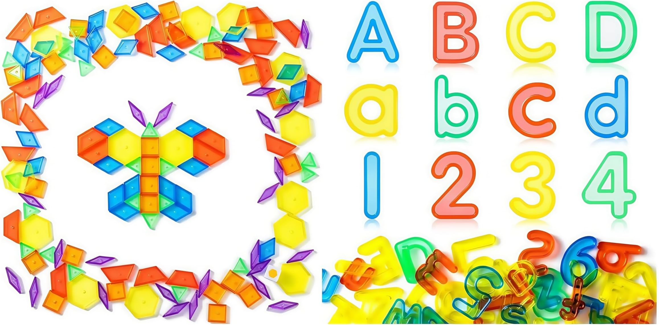 128 Pcs Translucent Pattern Blocks – 66 Pcs Plastic Letters and Numbers, Ideal Light Table Manipulatives and Accessories, Perfect for Exploring Colors and Shapes