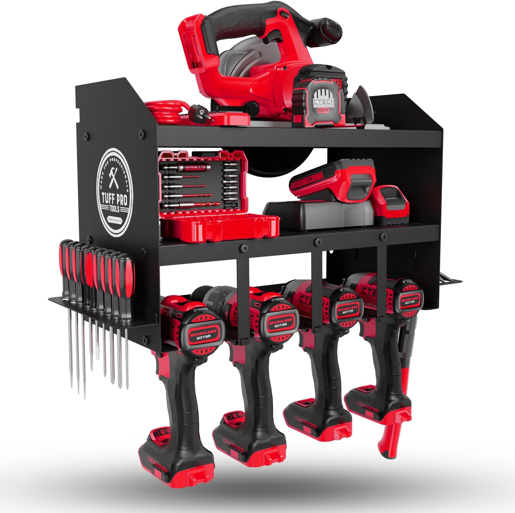 Garage Power Tool Organizer Wall Mount - Adjustable, Heavy-Duty, and Rust-Resistant Storage Rack for Cordless Tools - Wall Tool Organizer and Storage with Circle Saw Holder Included