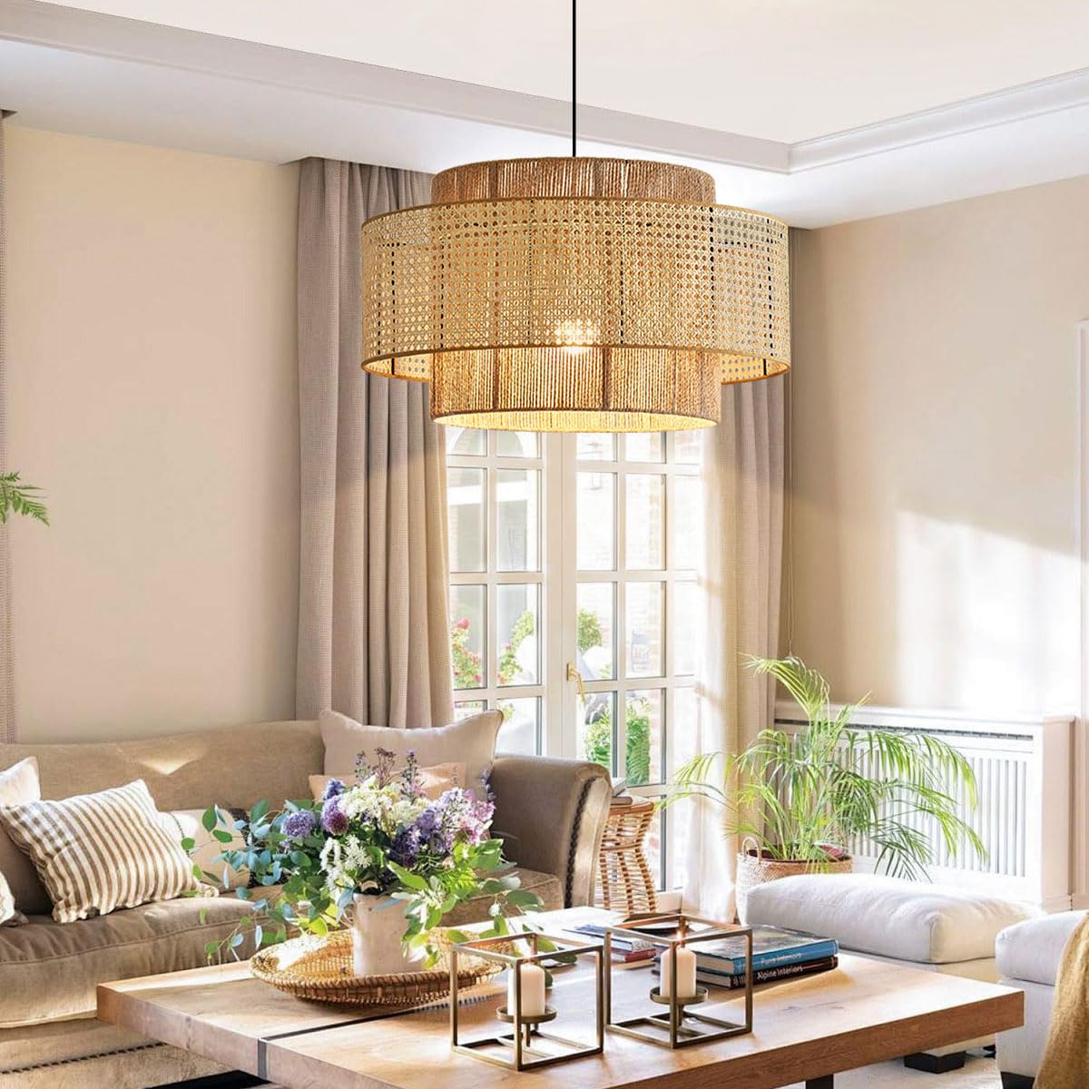 Auwieou Rattan Pendant Light Boho Light Fixture Wicker Woven Shade Bamboo Pendant Light Rattan Chandelier Farmhouse Hanging Ceiling Light for Kitchen Living Room Dining Room Bedroom