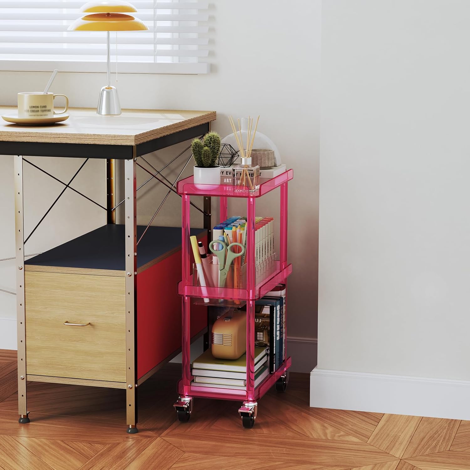 Aquiver Acrylic Slim Storage Cart - 3 Tiers Small Utility Rolling Cart with Wheels - Narrow Organizer Utility Cart for Laundry, Kitchen, Living Room, 15.6'' L x 8.7'' W x 23.6'' H (Deep Pink)