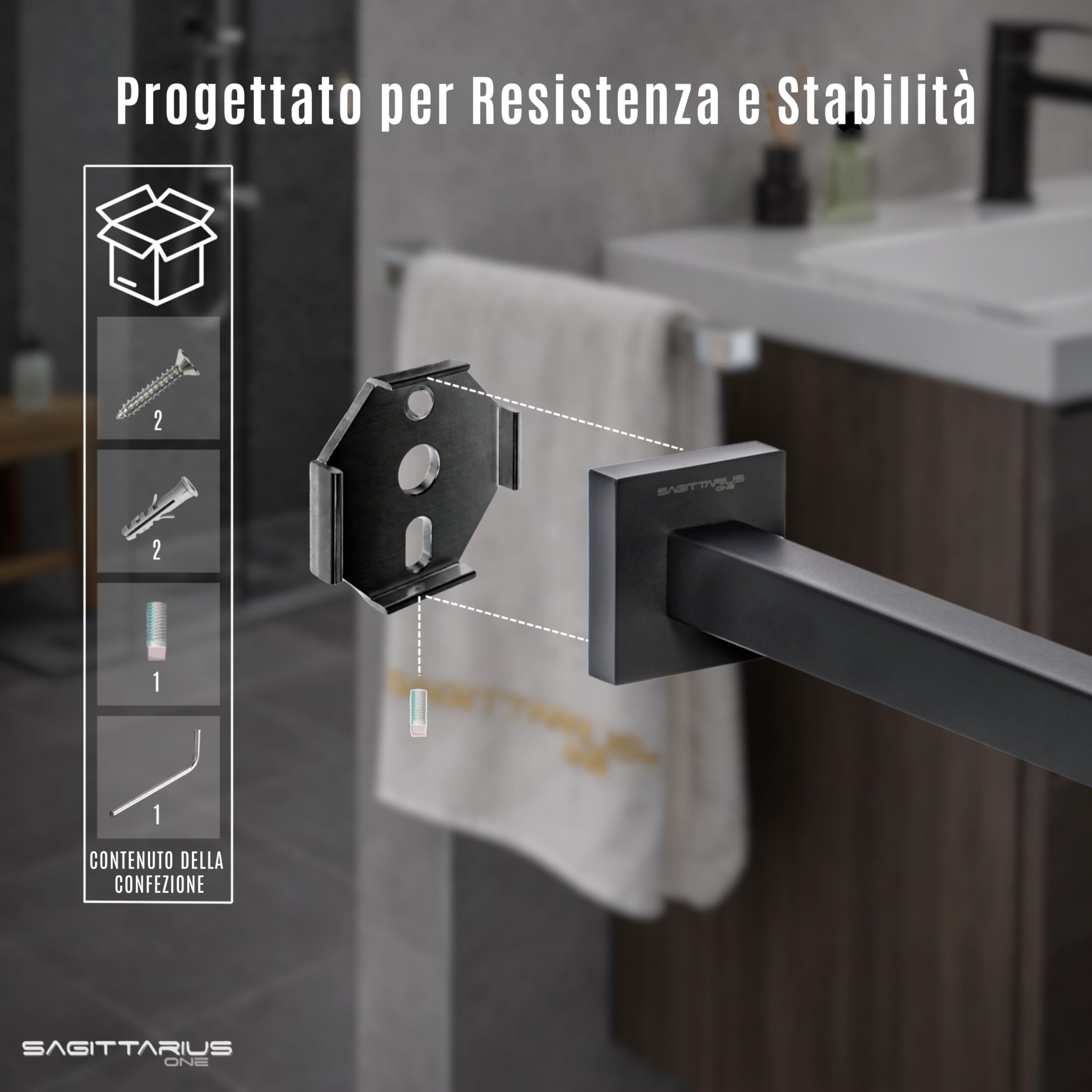 Porta Asciugamani Bagno Adesivo 400S1-B – Acciaio Inox SUS304, Moderno e Robusto, Barra Elegante – Nero Opaco