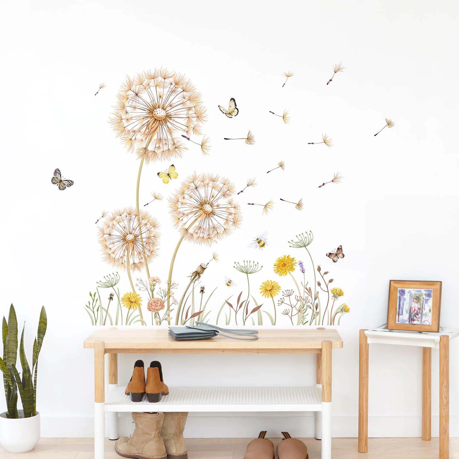 FUFUQUARE Yellow Dandelion Wall Stickers Boho Floral Butterfly Wall Art Decal Peel and Stick for Living Room Bedroom Nursery Background Décor - Image 2