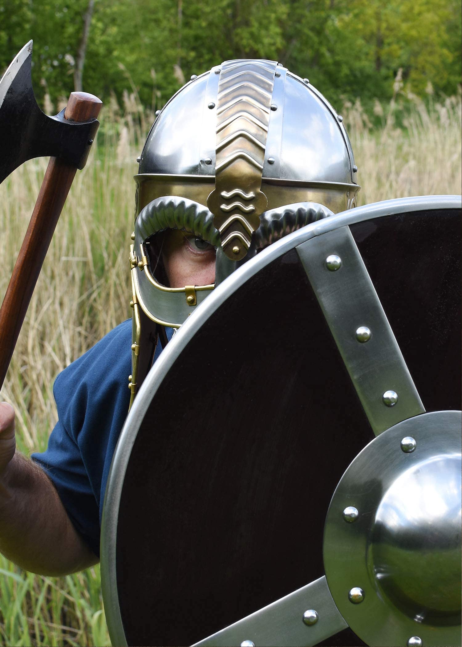 Battle-Merchant Brillenhelm Beowulf mit Wangenklappen und Kettenbrünne mit verstellbarem Lederinlay - Wikingerhelm aus Stahl für Erwachsene