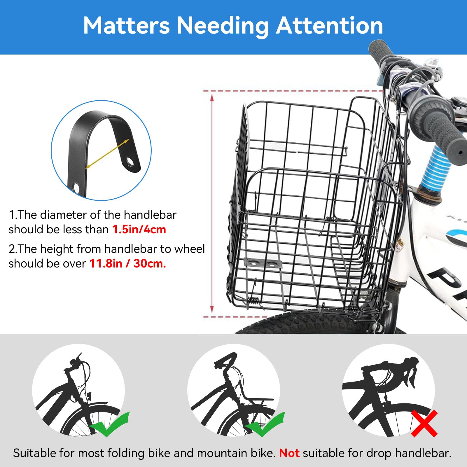 Bike Basket Front, Folding Bike Basket with Removable Liner Bag Metal Ebike Basket Quick Release Design for Adult Women/Men Carrying Dogs, Pets, Fruit & Grocery