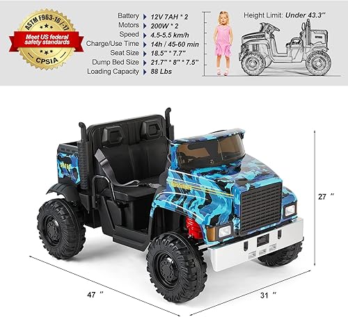 Miniatura 6 de JOYLDIAS Auto de 2 plazas y cama volquete, camión volquete alimentado por batería de 24 V, juguete para montar con control remoto de 2.4 G, 4 ruedas