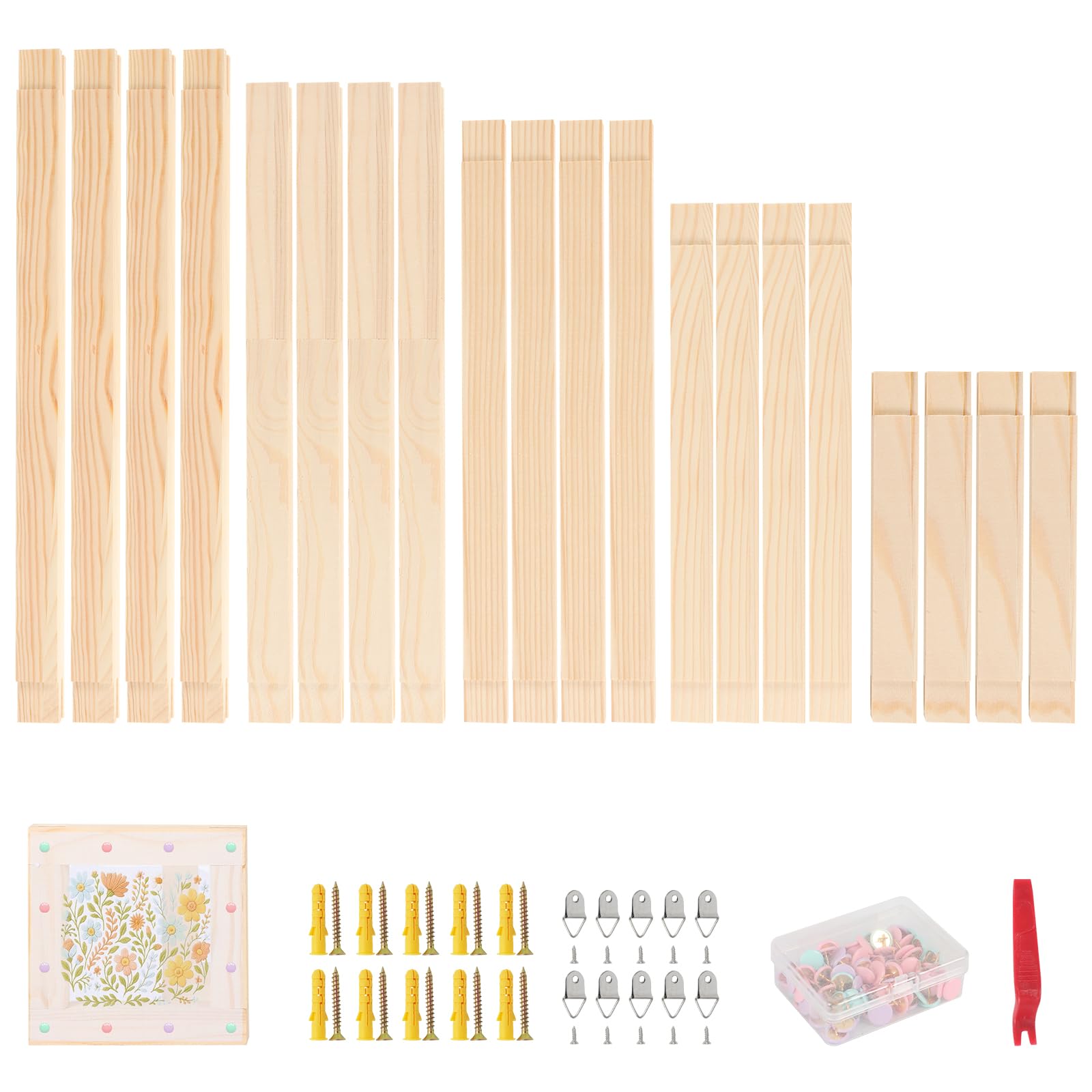 Set di listelli in legno per telaio a cunei per il montaggio fai da te, con puntine da disegno, 5 misure, set di listelli per telaio fai da te per pittura a olio, pittura su tela, punti da ricamo e