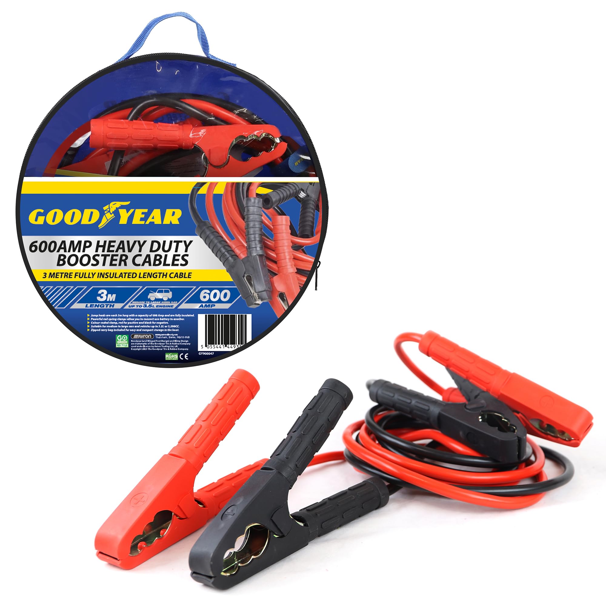Goodyear 3m 600amp Booster Cables - Jump Leads Long| Powerful Coil Spring Clamps| Colour-coded Clamp| Zipped Carry Bag Included| Fully Insulated Length Cable| Suitable For Cars And Vehicles 3500CC