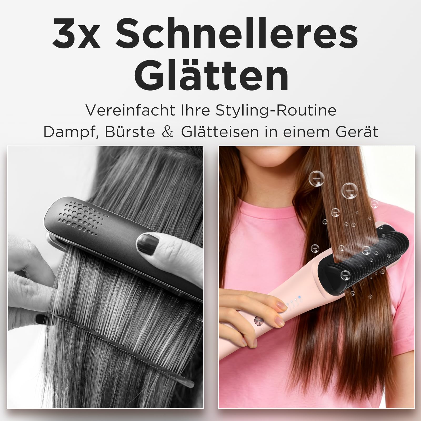 Pro Dampf Glättbürste, PARWIN PRO BEAUTY 3-in-1 Dampf Haarglätter Bürste, LED-Anzeigeleuchte, Ionentechnologie & Dampf für doppelte Pflege, reduziert Schäden, 4 Temperatureinstellungen - Rosa