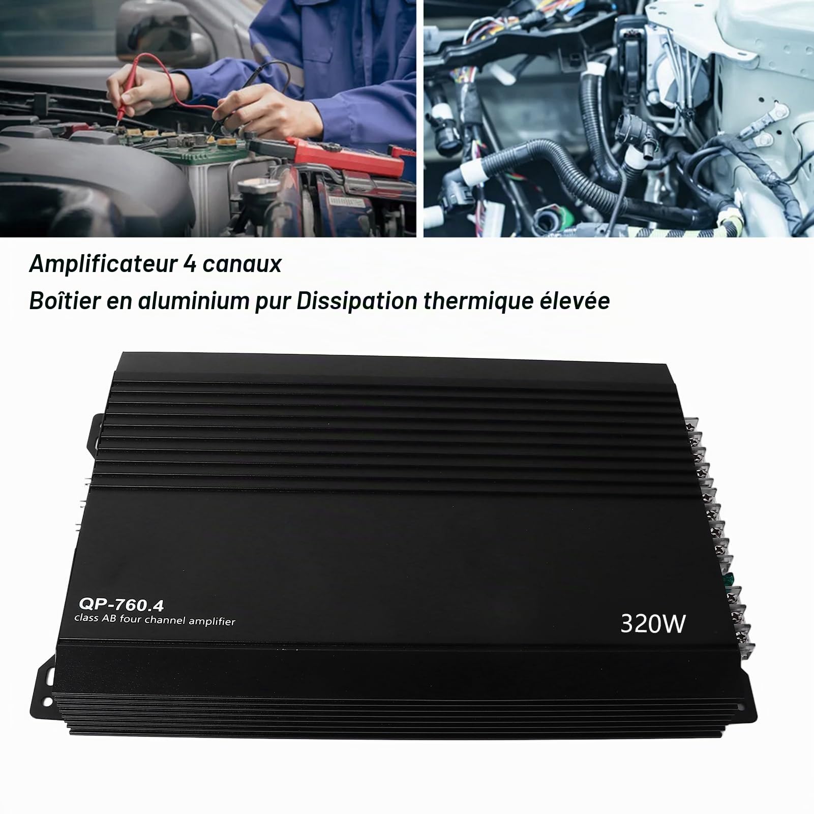 Amplificateur de Puissance Stéréo de Voiture à 4 Canaux avec Boîtier en Aluminium Pur et Transformateur à Double Bobine pour Haut-parleurs de Voiture Sûrs et Stables | Boîtier en aluminium,transformateur à double bobine pour stable,thermique intégrée,comp