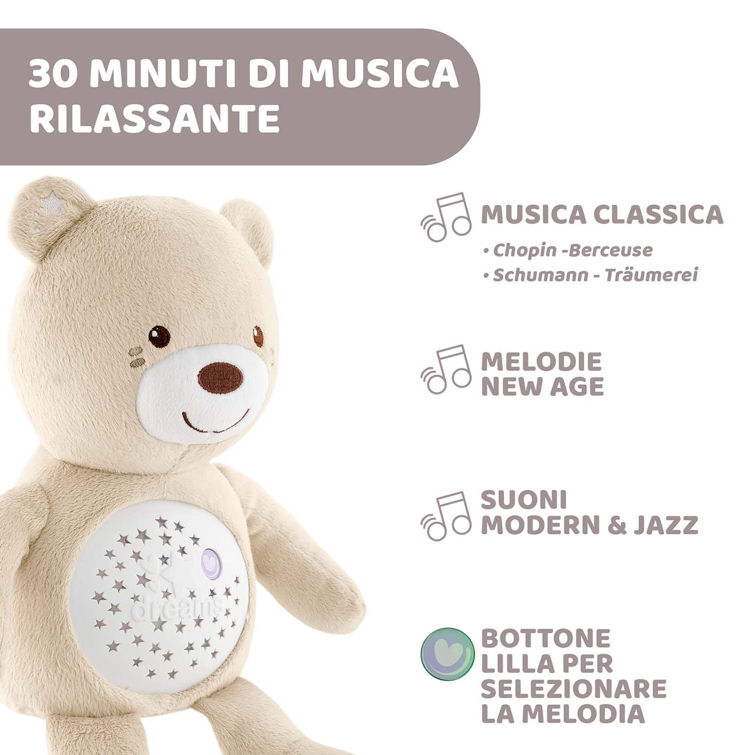Chicco First Dreams Orsacchiotto Peluche Baby Bear, Soffice Pupazzo Proiettore con Luce Notturna Bambini, Effetti Luminosi e Rilassanti Melodie, Beige - Giochi Neonato 0 Mesi+