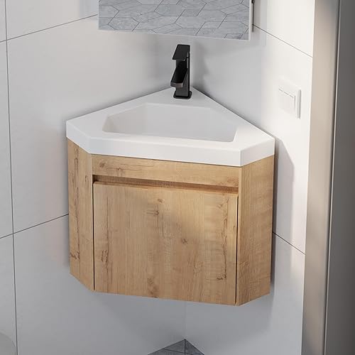 Miniatura 8 de eclife Combo de lavabo de baño esquinero de 22 pulgadas para espacio pequeño, armario flotante montado en la pared con fregadero de resina blanca