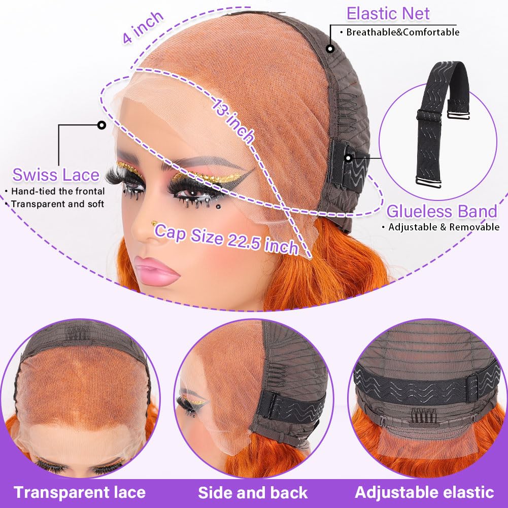 Hihmarm 18 Inch Ginger Orange Lace Front Wigs Human Hair Pre Plucked 13x4 HD Lace Frontal Wigs Human Hair Natural Hairline 180% Density Body Wave Lace Frontal Wigs for Black Women Glueless Wig