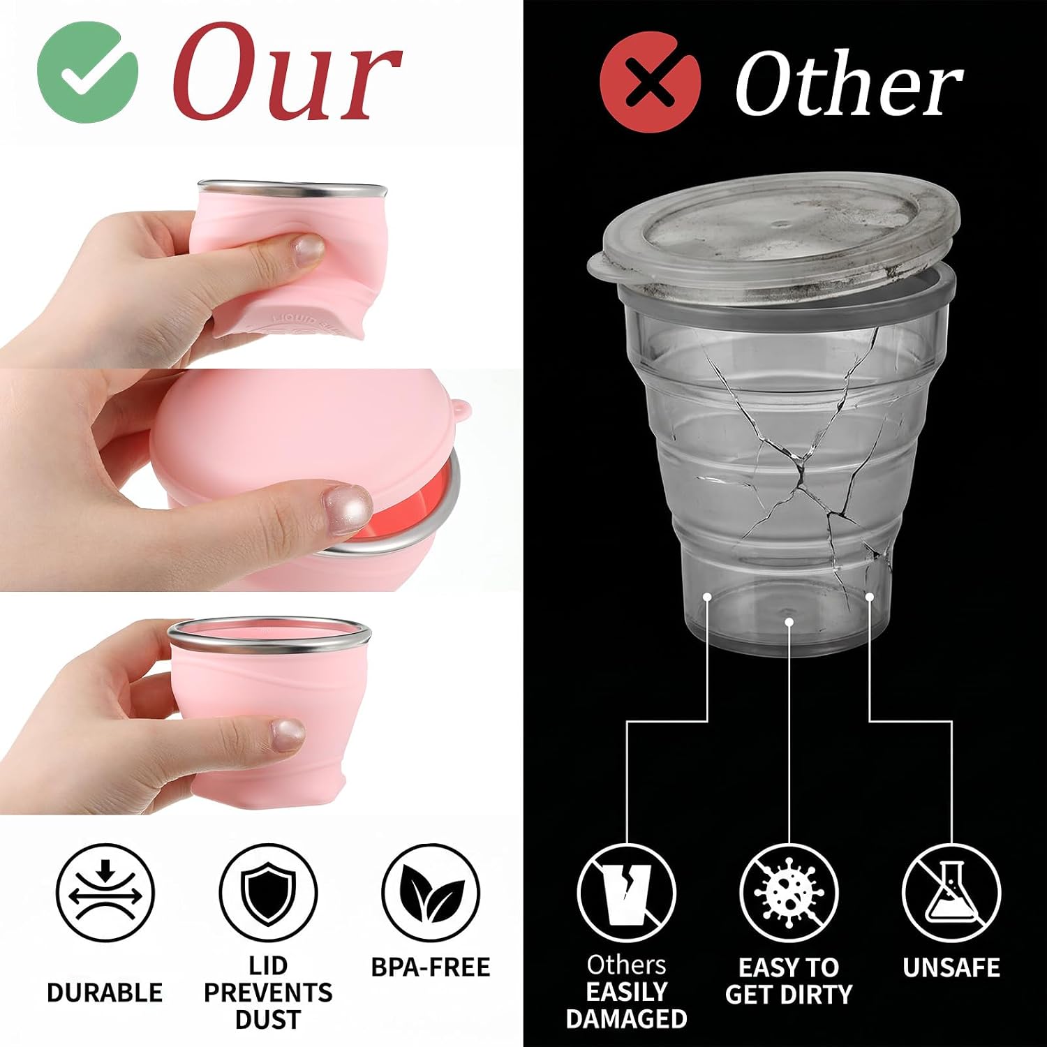 Folding Camping Cup with Lid Foldable Travel Cup Silicone Foldable Water Cups Stainless Steel Edge Portable Pocket Cups for Mouthwash Pills Travel Camping Hiking Office Hotel Expandable