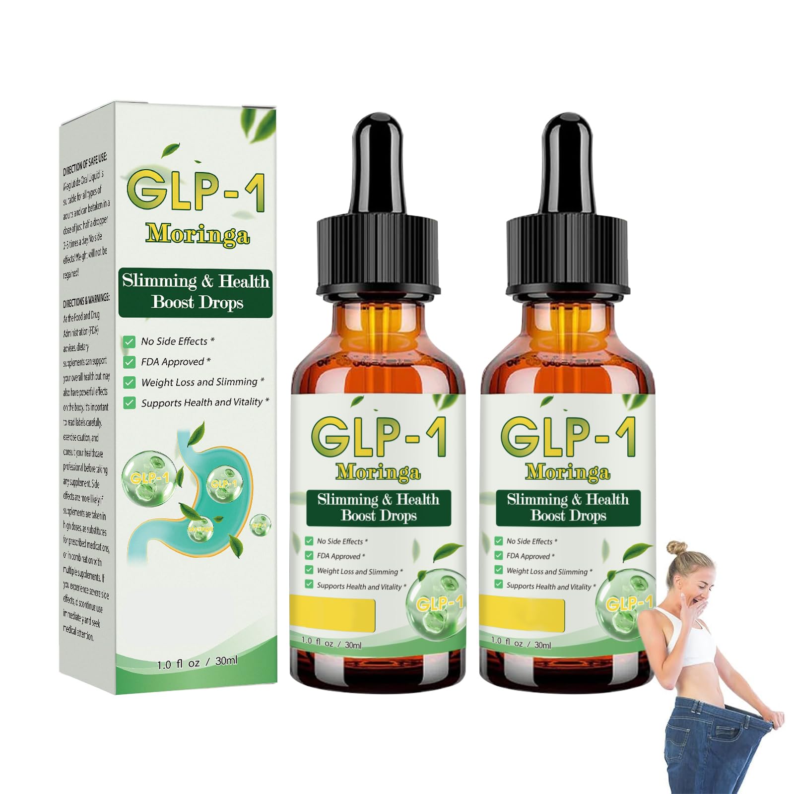 2PCS GLP-1 Moringa Drops, GLP-1 Drops Natural Body Care Liquids, Organic Moringa GLP-1 for Women and Men, Unisex for All Skin Types, 30ml (2Pcs)