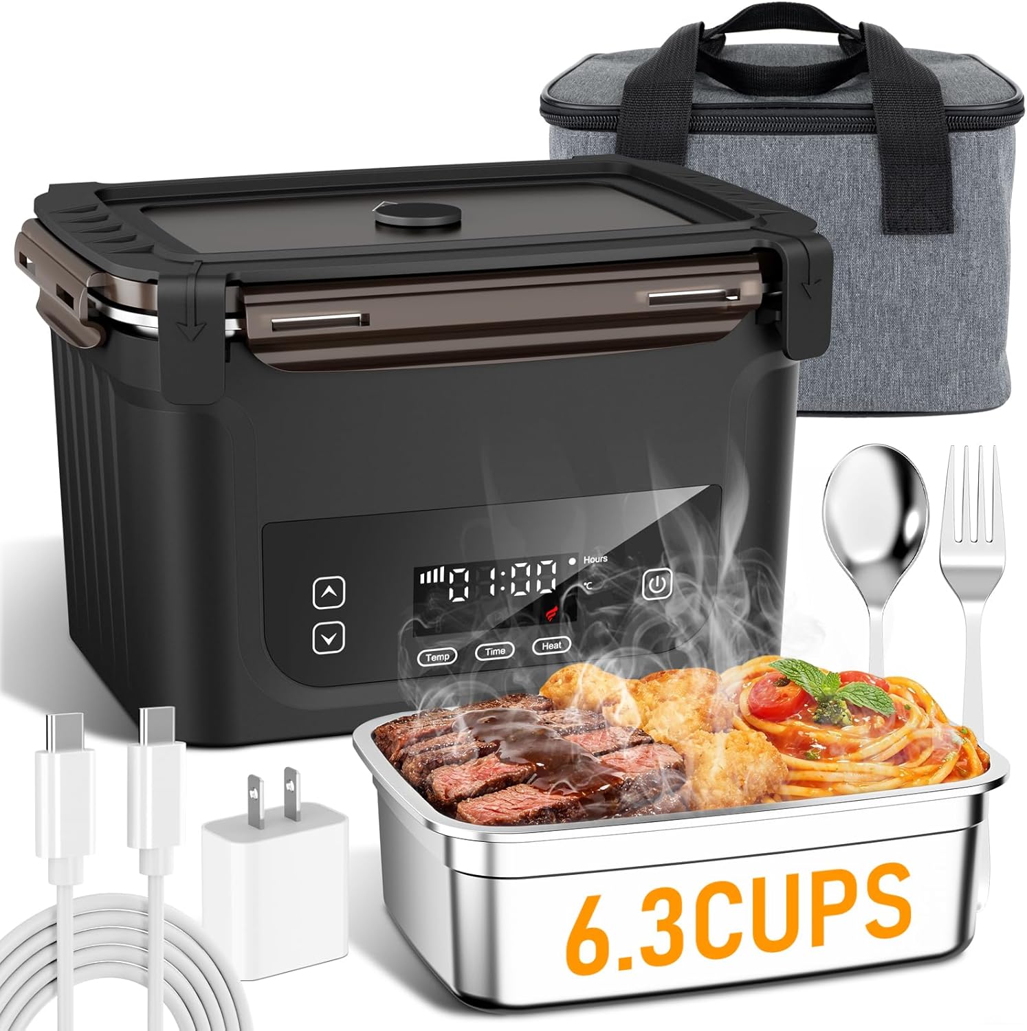 2026 Upgraded Cordless Electric Lunch Box for Adults, 20,800mAh Rechargeable Heated Lunch Box with Even Heating, XL 6.3 Cup Self-Heating Lunch Box for Construction, Office & Travel