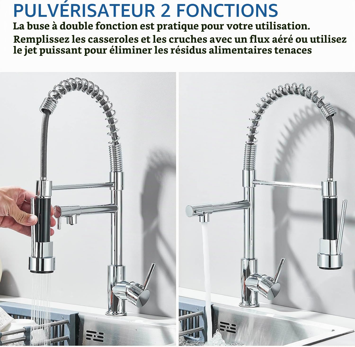 Robinet de cuisine Pivotant à 360° Mitigeur monocommande 2 jets Avec Pulvérisateur Double Fonction,Laiton Chromé