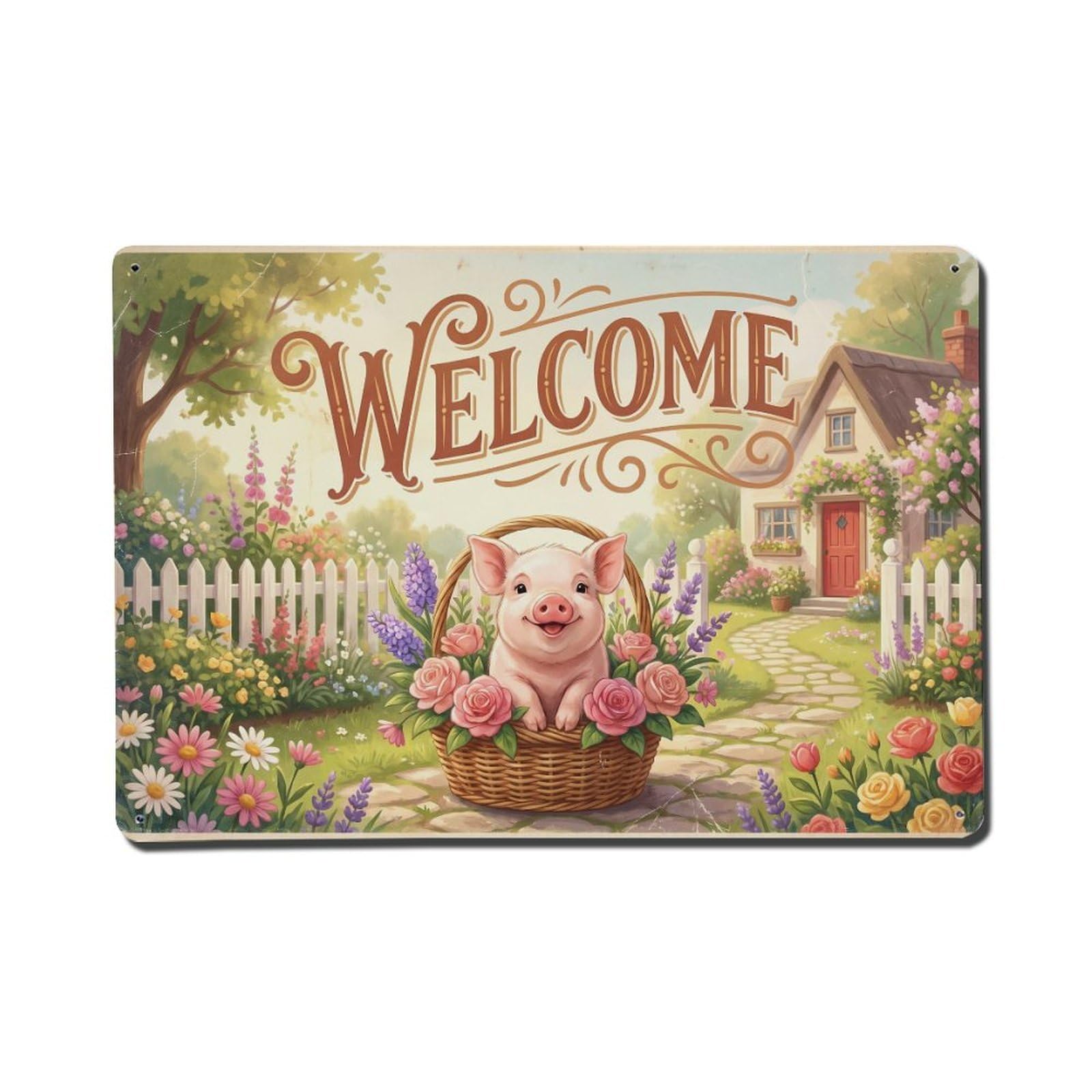 Vintage Welcome Piglet Fresh Blooms Metal Tin Sign
