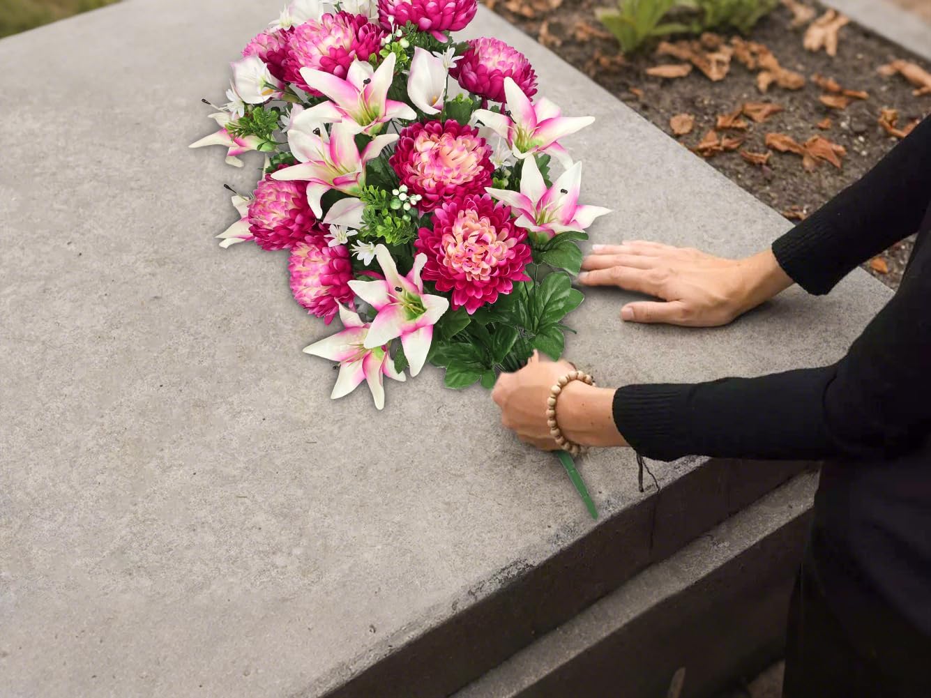 Briful Artificial Flowers for Cemetery, Cemetery Flowers for Grave, Weather Resistant Cemetery Flowers for Vase, Large Sympathy Grave Floral Arrangement with Lily Chrysanthemums Flowers