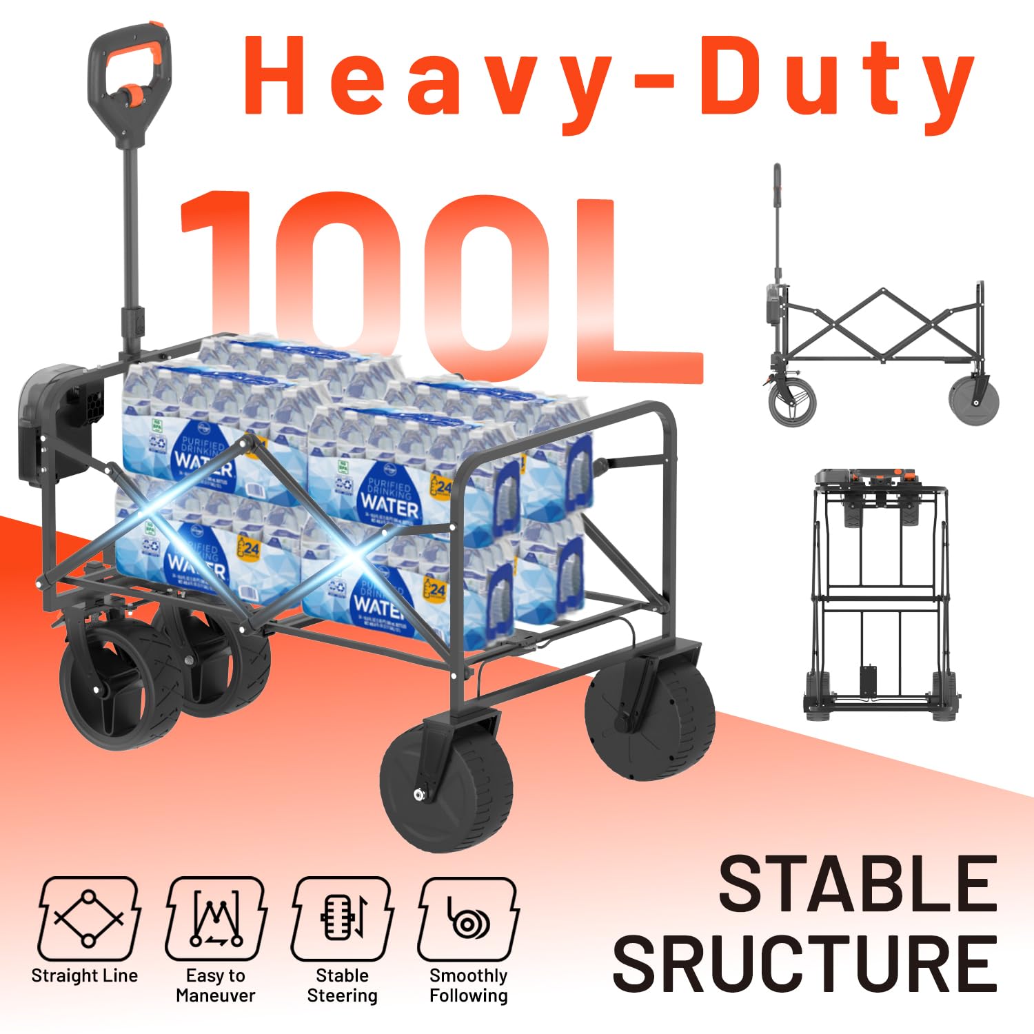 LiTHELi Carrello elettrico pieghevole, carretto a mano pieghevole con motore e freni, 100L 50KG adatto per campeggio, giardino, spiaggia, shopping (nero, W1 Go con 1 batteria)