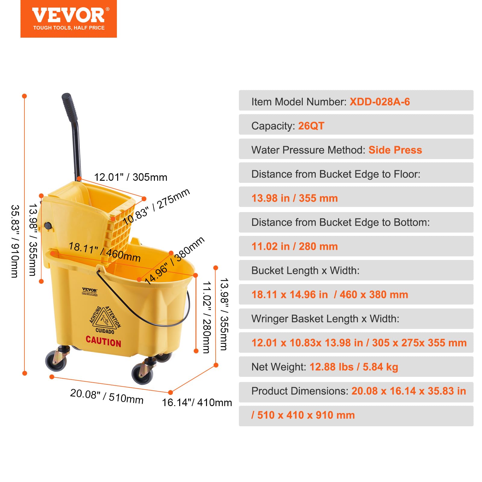 VEVOR Wischeimer Moppeimer mit Wringer, 26 QT Gewerblicher Wischeimer mit seitlicher Presspresse, Gelb