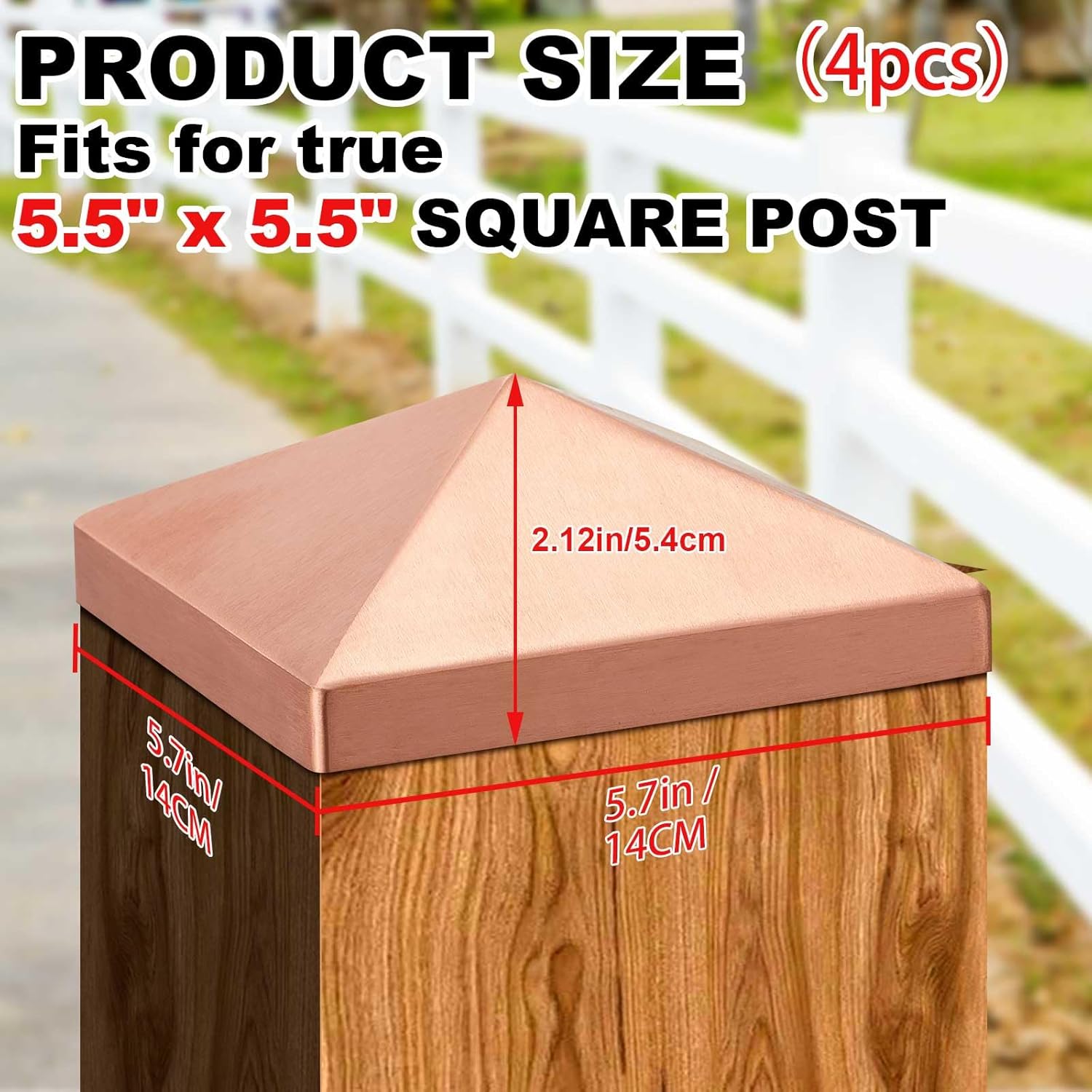 Blulu 4 Pcs 6''x6'' (Actual 5.5''x5.5'') Solid Copper Pyramid Post Cap Fence Pyramid Decking Caps for True/Actual Metal Wood Cedar Fence Deck Corridors Mailbox Posts End Cover