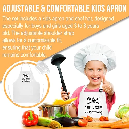 Miniatura 3 de Juego de delantal y sombrero de chef para niños, divertido delantal de entrenamiento con 2 bolsillos para niños y niñas