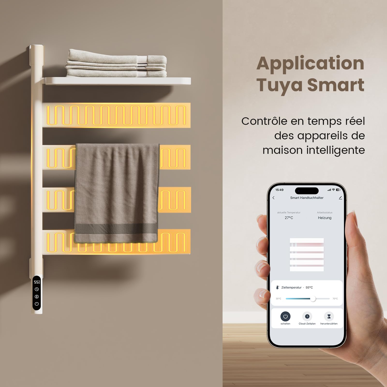 EMKE Sèche-Serviettes Électrique de pivotant à 180°,Blanc | Porte-Serviettes Chauffant électrique avec étagère, Séchoir à Serviettes électrique Intelligent WiFi, 120W