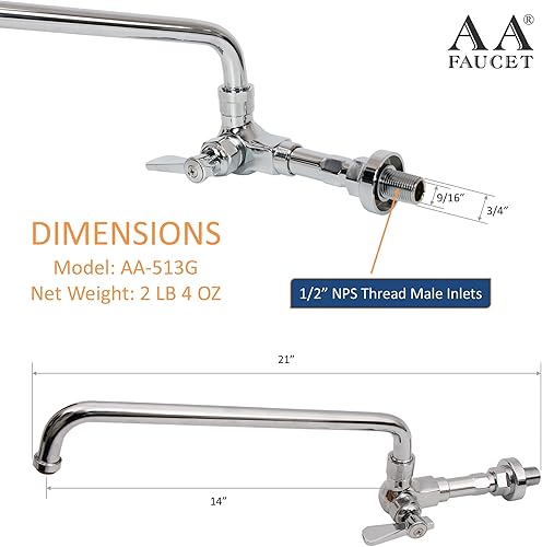 Miniatura 2 de Grifo de rango Wok manual comercial de montaje en pared individual con caño giratorio de 14 pulgadas, construcción de latón cromado pulido para