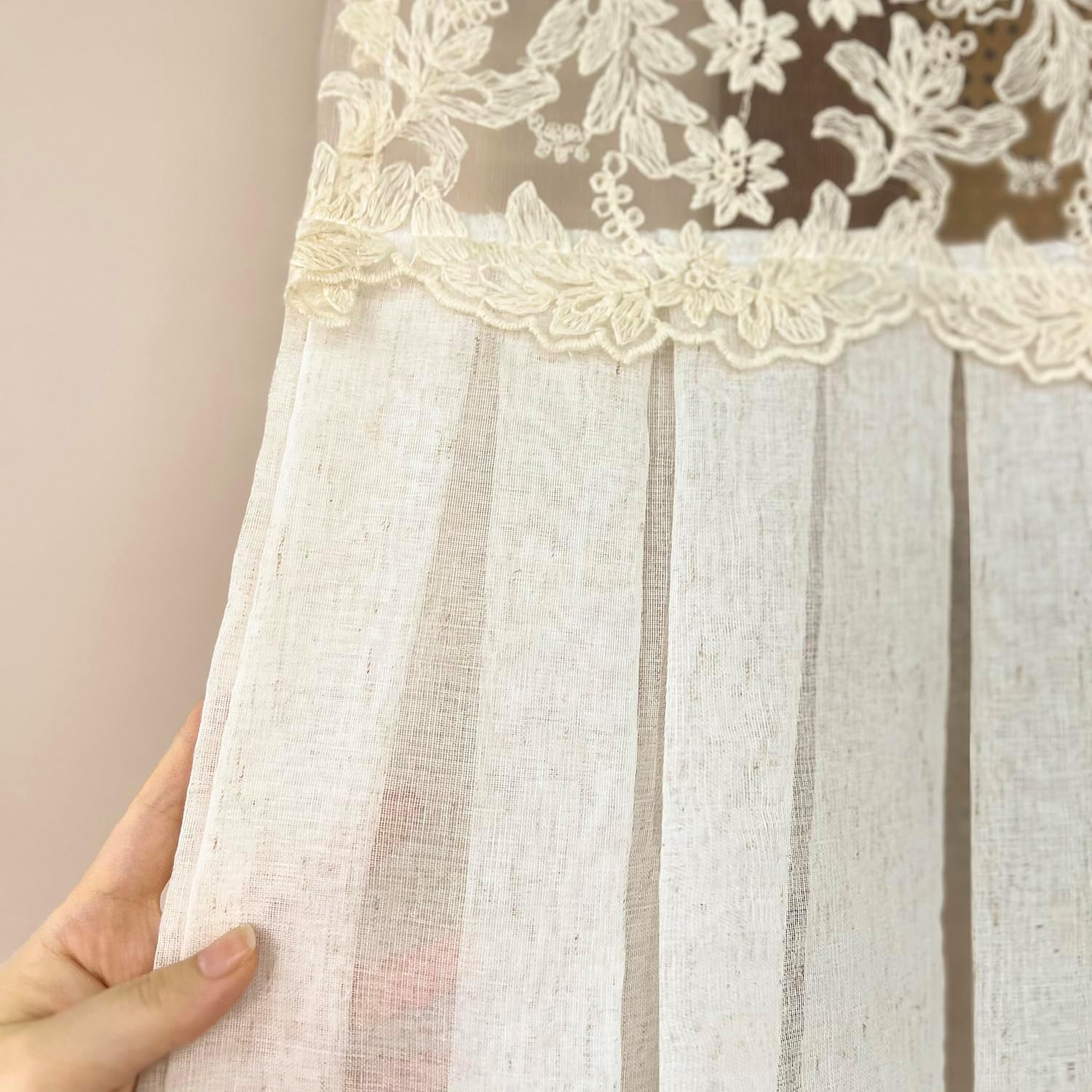 KMSG Vintage Lace Sheer Curtain Valance for Kitchen Elegant Embroidered Floral Linen Voile Curtain Light Filtering Small Cafe Valance for Bathroom Room Divider Rod Pocket Top 1 Panel W78 x L47 Inch