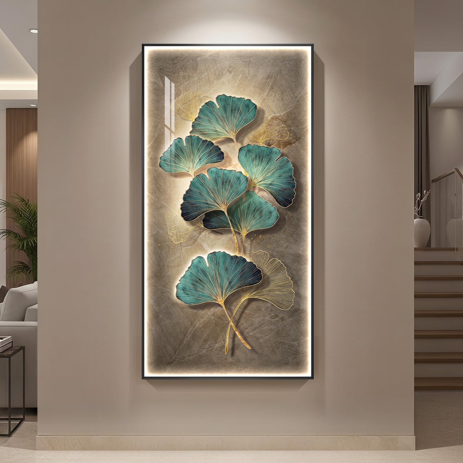 Photo 1 of Large Framed LED Ginkgo Wall Art for Living Room, Vertical Lighted Modern Minimalist Green Botanical Artwork for Walls, Luxury Backlit Wall Home Decor for Hallway, Entryway, Dining Room, Office