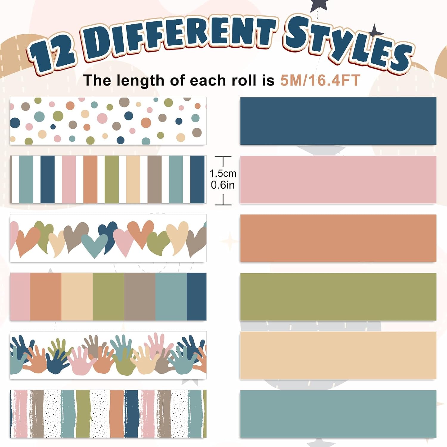 FYSUIMU 12 Rolls Boho Washi Tape Heart Handprint Polka Dots Decorative Masking Tapes Boho Colors Gift Wrapping Paper Tape for Scrapbook Journal DIY Art Crafts