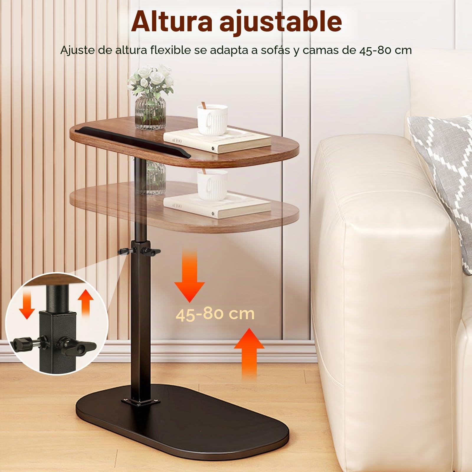 Mesa Auxiliar Forma C, Altura Ajustable – 45 * 30cm – Multifuncional para Uso En Sofás Y Camas, Función De Rotación A 360°, Superficie Resistente Al Agua Y Al Aceite, Laptops Y Comidas