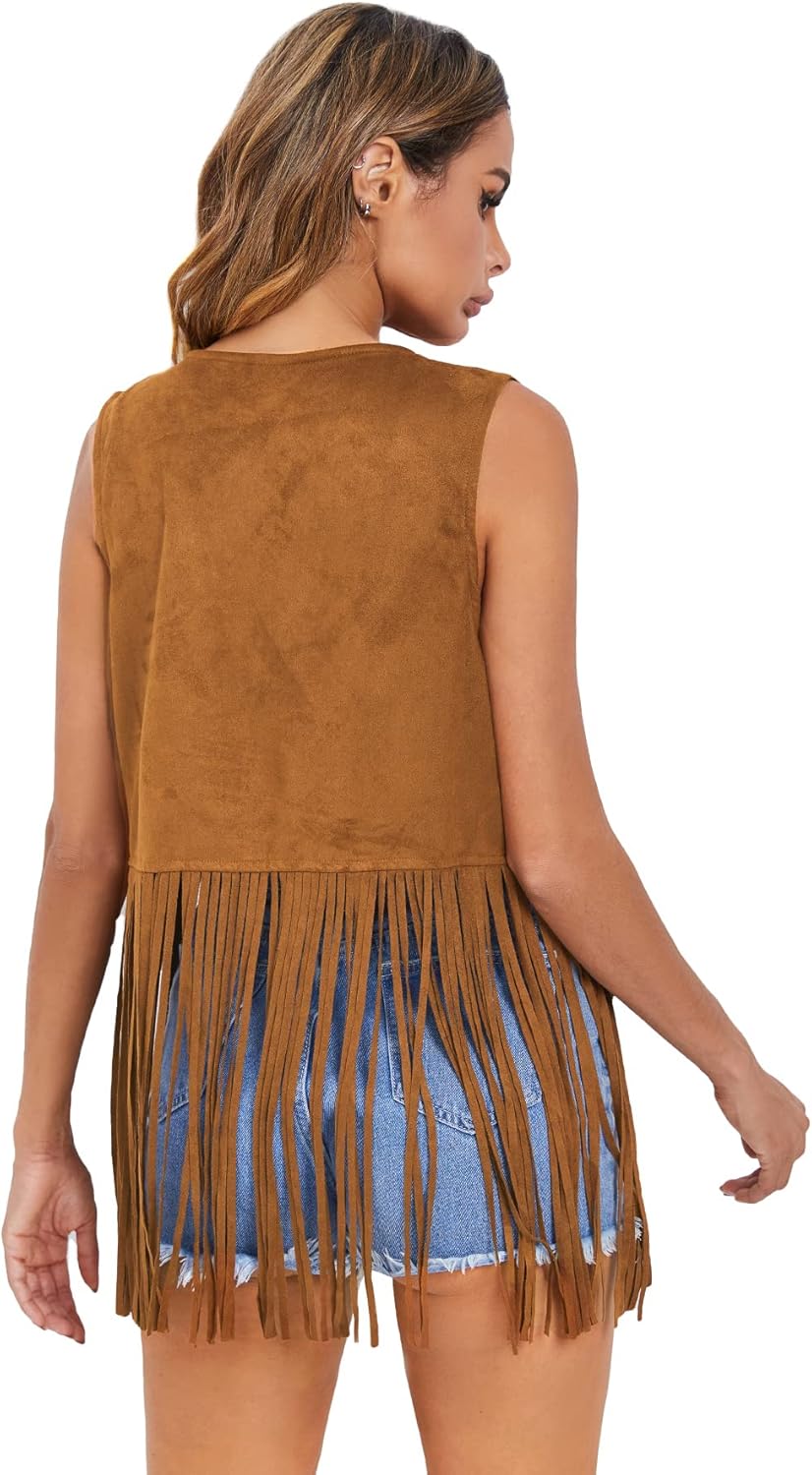 Verdusa Women's Tassel Sleeveless Vest 70s Hippie Faux Suede Fringe Jacket Cardigan - Image 2