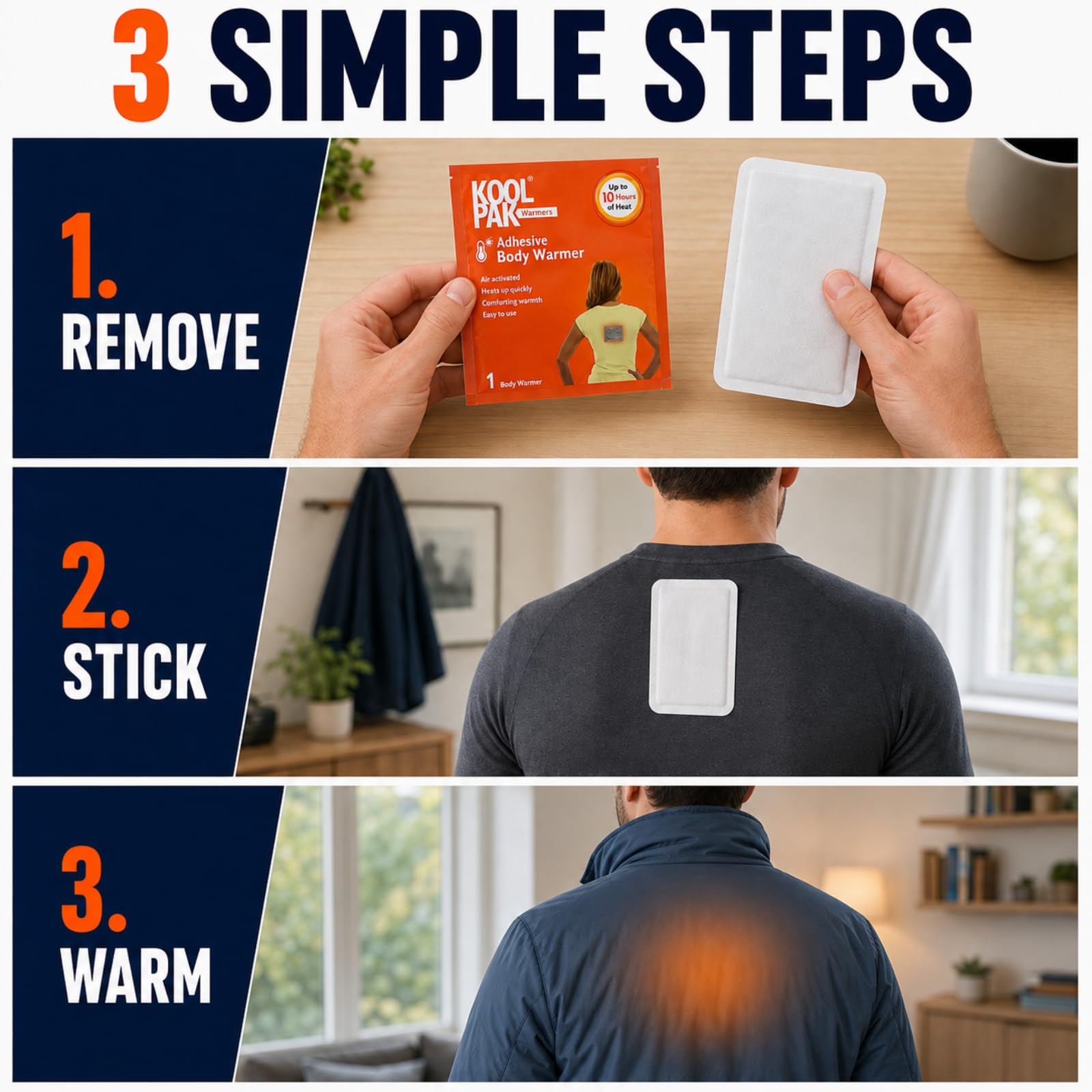 Koolpak Lot de 60 Chauffe-Corps adhésifs – Activé par l'air, 10 Heures de Chaleur, soulagement du Dos et des épaules, Usage Unique