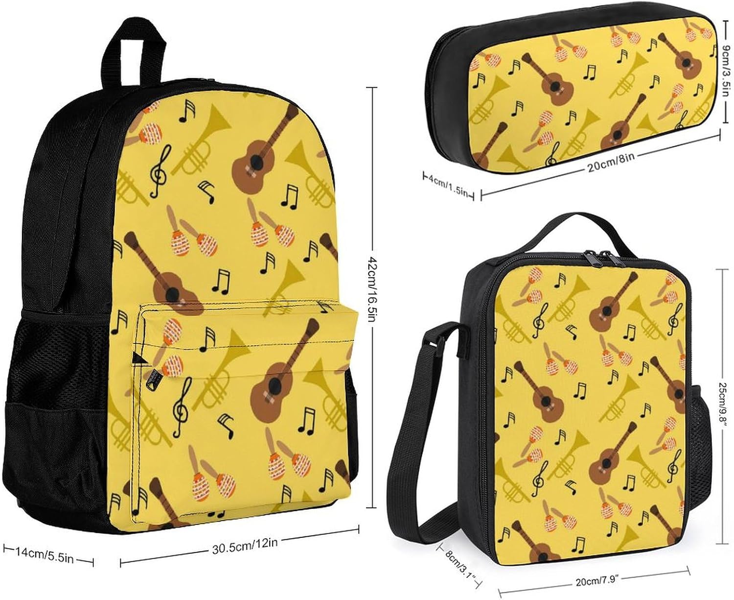 Trumpet Musical Instrument Pattern 3 Piece Backpack Sets With Lunch Bag Pencil Case Combination Hiking Travel Work
