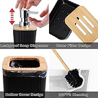 Vista 4 de Juego de accesorios de baño negro, juego de 9 piezas con cubo de basura, bandeja, dispensador de jabón, soporte para cepillo de dientes, taza