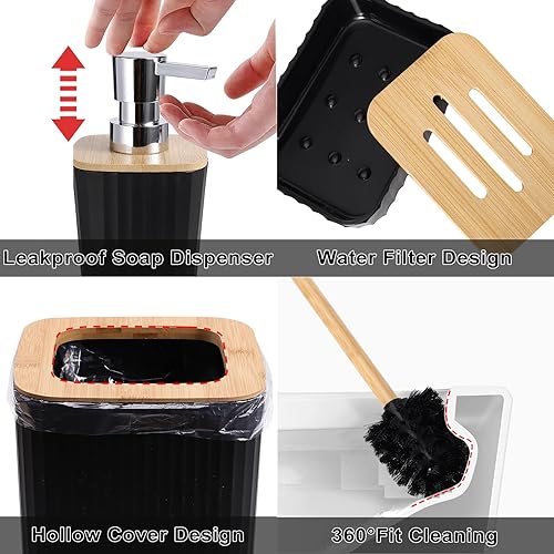 Miniatura 4 de Juego de 9 accesorios de baño negro, basurero, bandeja, dispensador de jabón, portacepillos, vaso, jabonera, cepillo para inodoro y portahisopos,