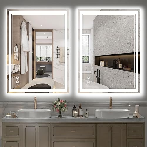Paquete de 2 espejos de baño de 24 x 32 pulgadas con luces LED regulables de 3 colores, espejo LED de baño sin niebla para baño, espejo de tocador