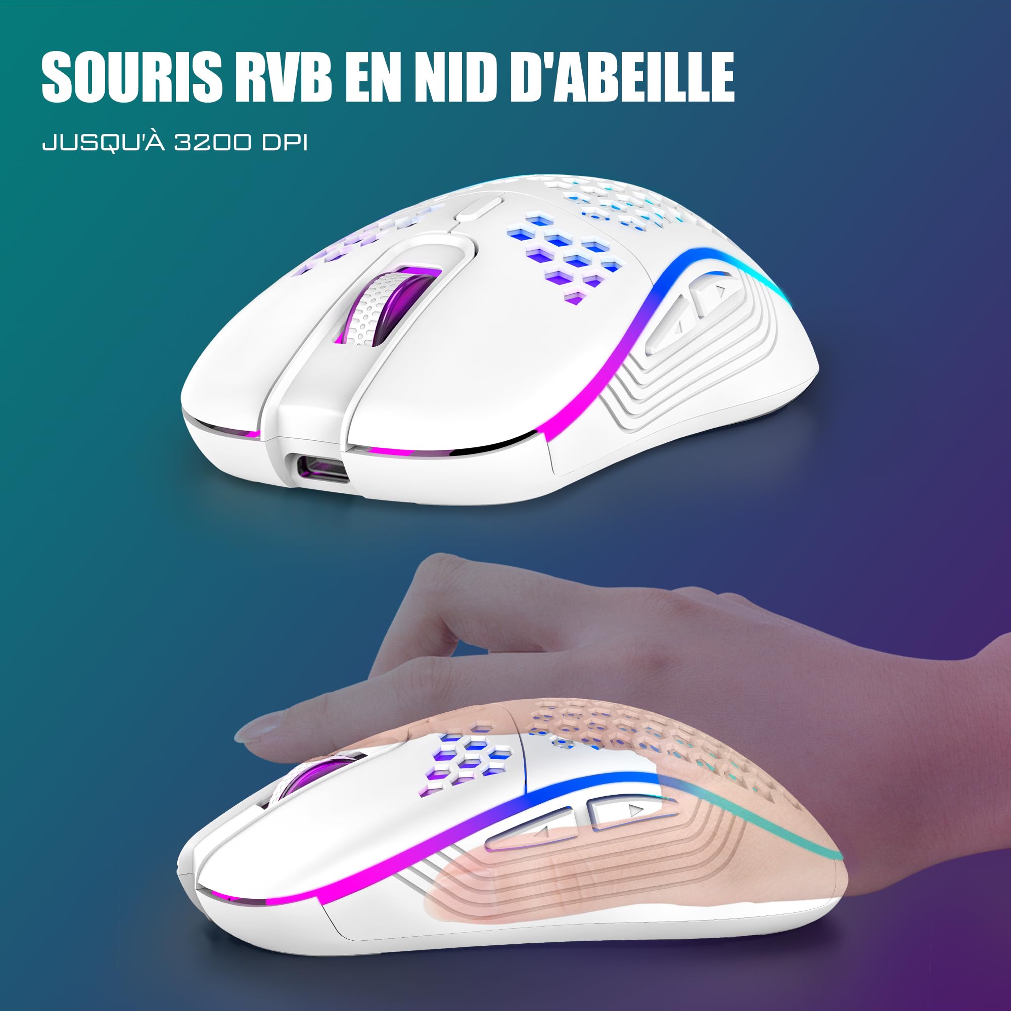 RedThunder K84 Combo Clavier et Souris USB sans Fil Gamer, AZERTY Français, Batterie Rechargeable RVB Rétroéclairée, Clavier TKL à 75% et Souris Optique Légère en Nid d'abeille 3200 DPI(Blanc)