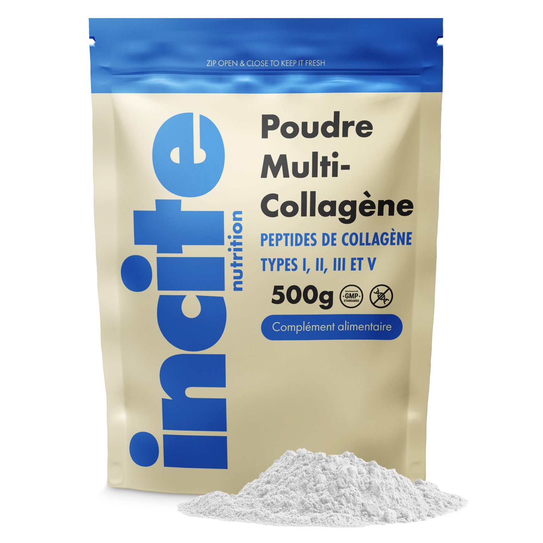 Incite Nutrition Multi Collagène Poudre Non Aromatisée 500 g. Source de Collagene Types 1, 2, 3 et 5. Complément pour la Peau, les Articulations, les Os, les Cheveux et la Récupération Musculaire.