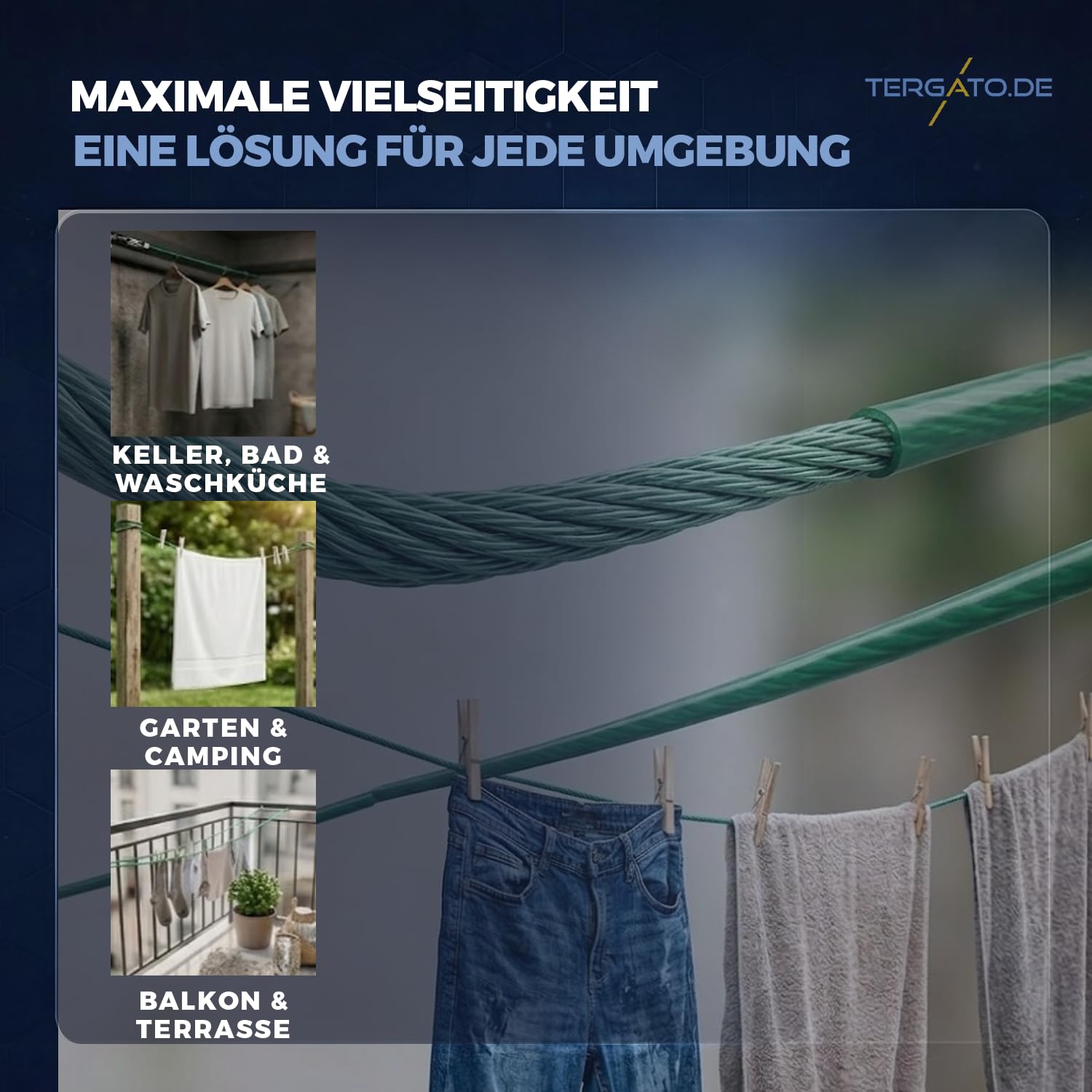 Wäscheleine mit Stahlkern 30m von Tergato - 4mm Durchmesser - Tragkraft bis 15kg - Reißfest & Wetterfest - Inklusive Wäscheleinenspanner - Garten & Balkon - Wäscheleine - Robustes Stahlseil für Wäsche - 5