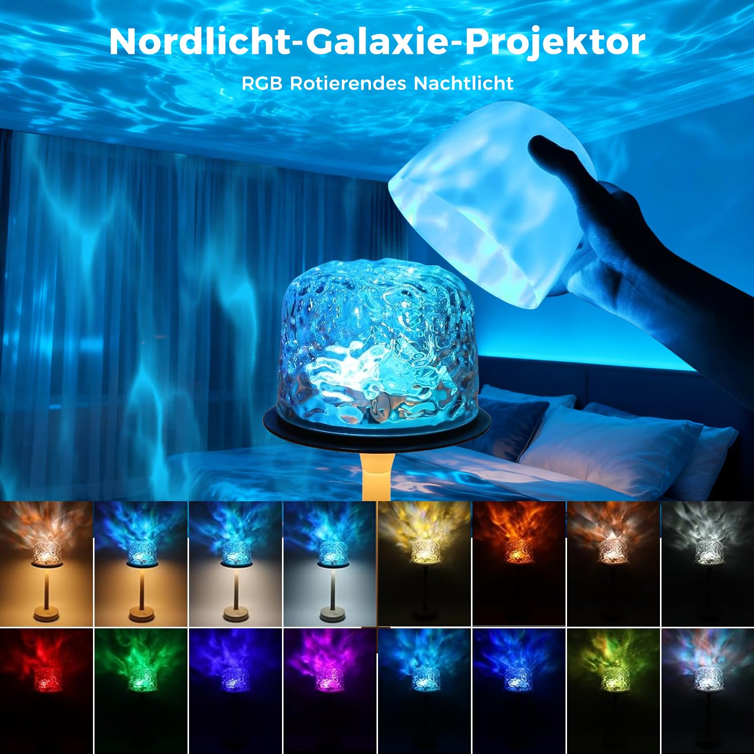Shuniu Duschlampe Ocean Lamp Wave Lamp, Badezimmer Lichtprojektor mit 16 Farben Nordlicht, Wiederaufladbares Duschlampe mit Touch & Fernbedienung, Ambientelicht Nachtlicht Zimmer Deko