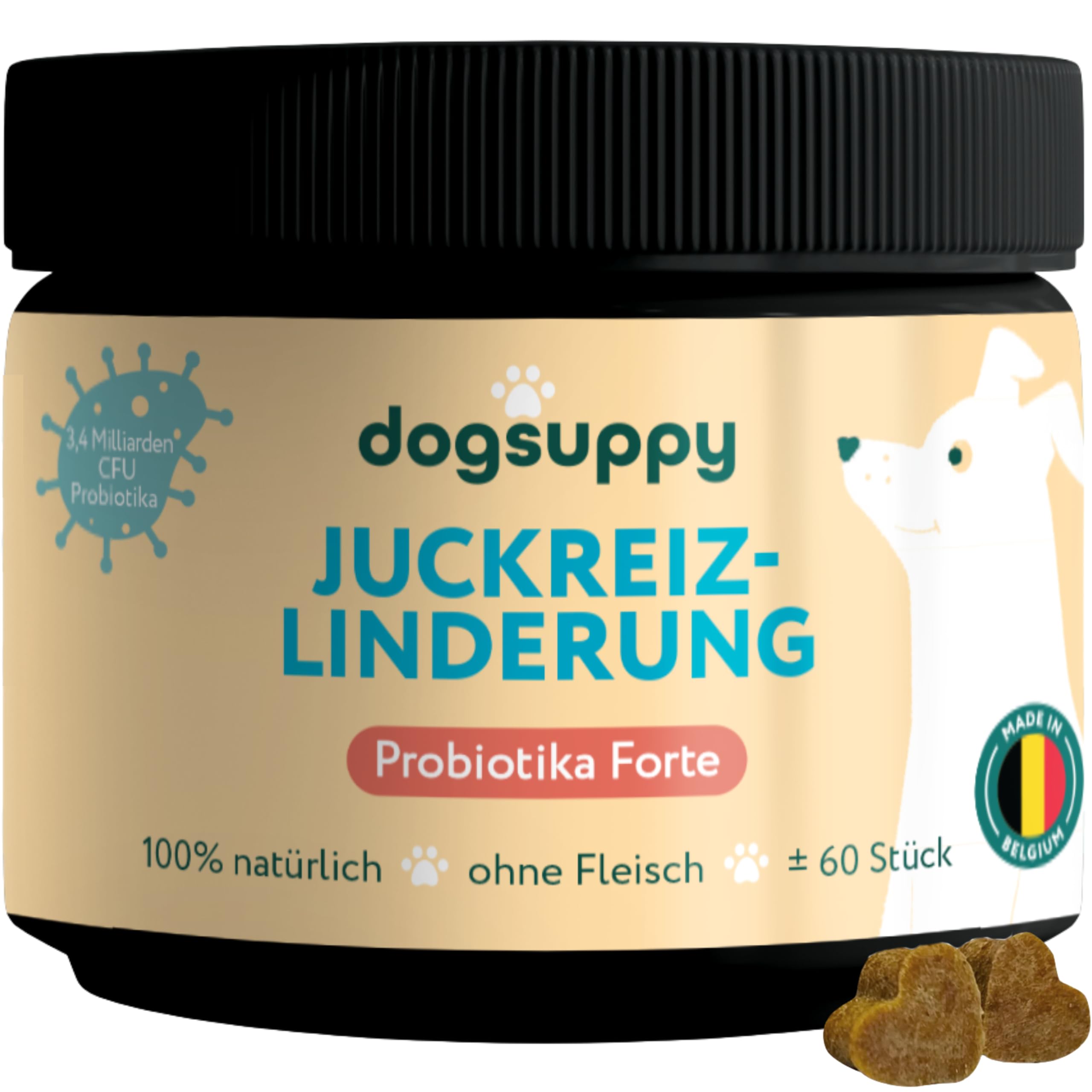 DogSuppy Juckreiz Linderung, Probiotika für Hunde, gegen Juckreiz und zur Stärkung des Immunsystems, Unterstützt die Verdauung & Darmflora, 3 Milliarden Probiotika pro Snack, 60 leckere Snacks