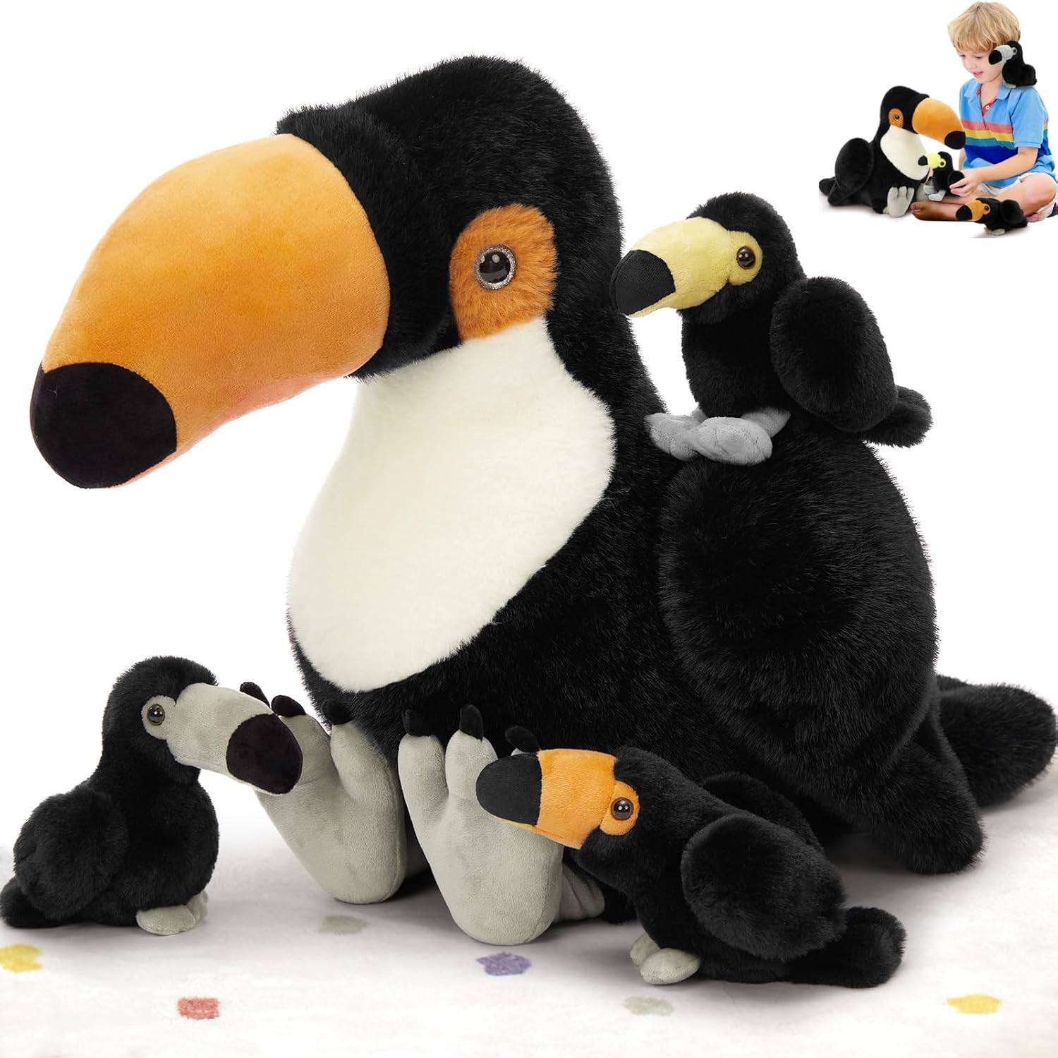MorisMos 24" Giant Toco Toucan Stuffed Animal Mommy with 3 Baby Toucan Toys for Kid Girl Boy,Realistic Black Bird Plush with Baby Bird Toys Gift for Birthday,Tropical Rainforest Stuffed Animals Decor