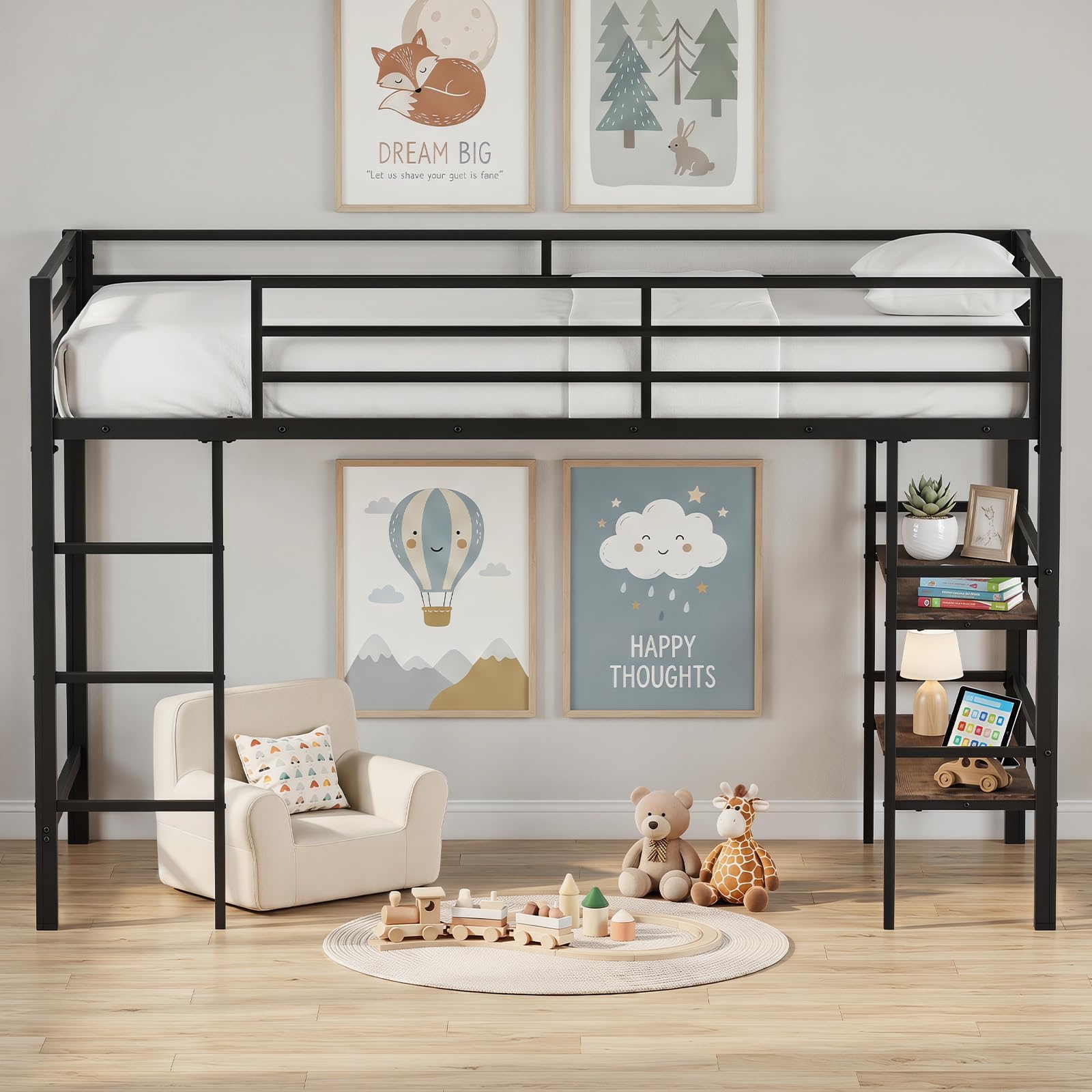 Maxmass Kids Metal Bunk Bed, 3FT Children Loft Bed (Black+Rustic Brown)